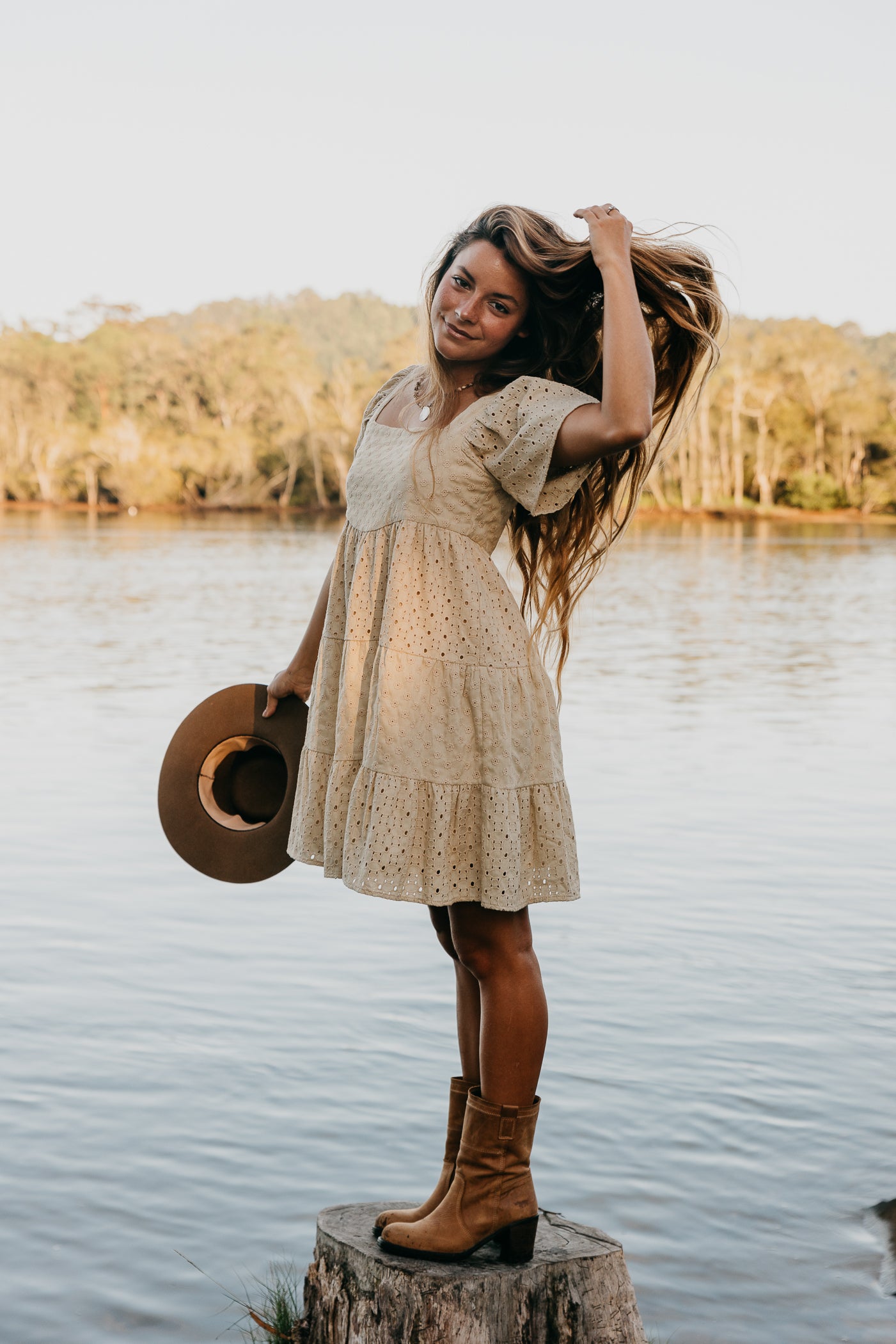 Whisper - Embroidered Short Dress - Beige