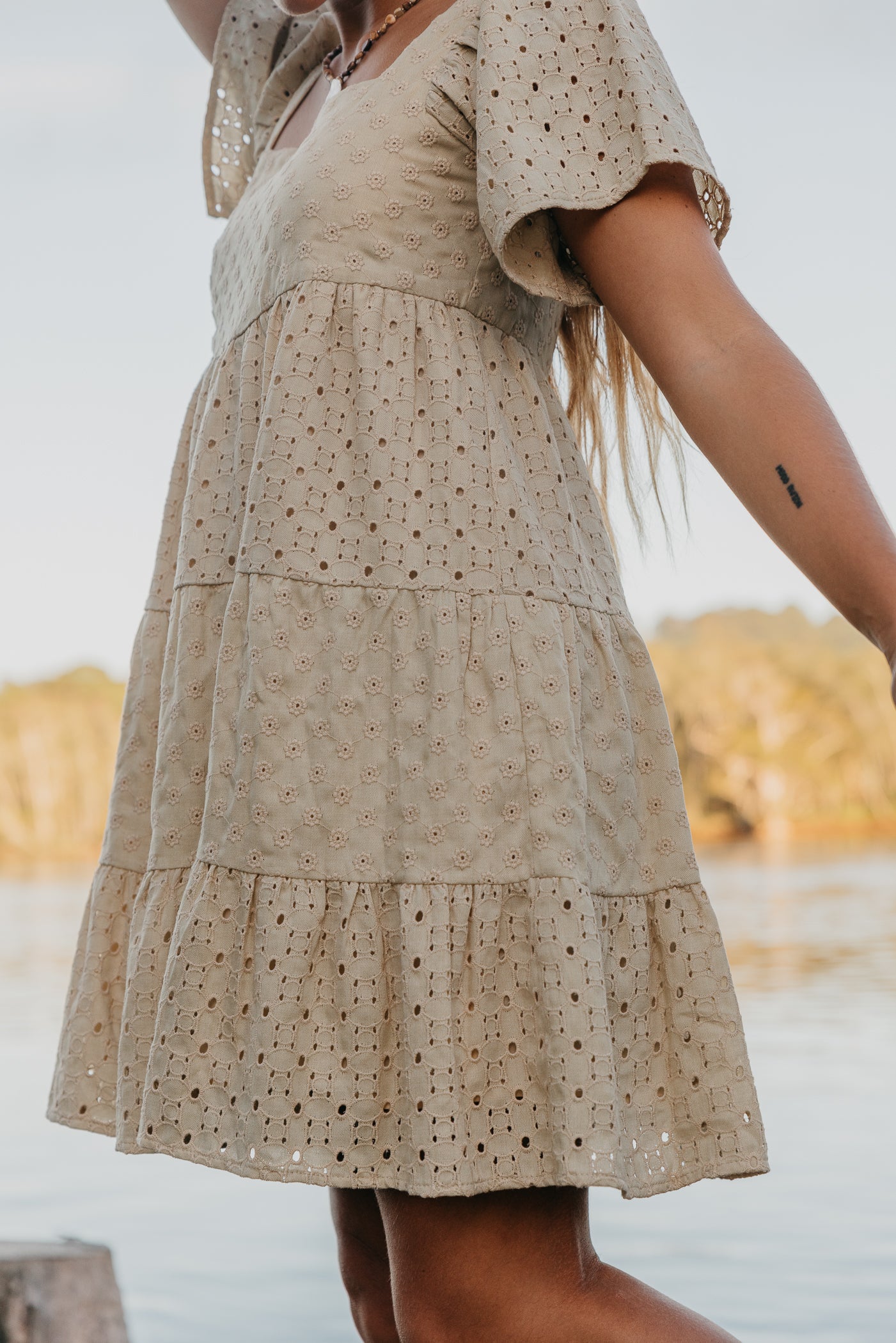 Whisper - Embroidered Short Dress - Beige