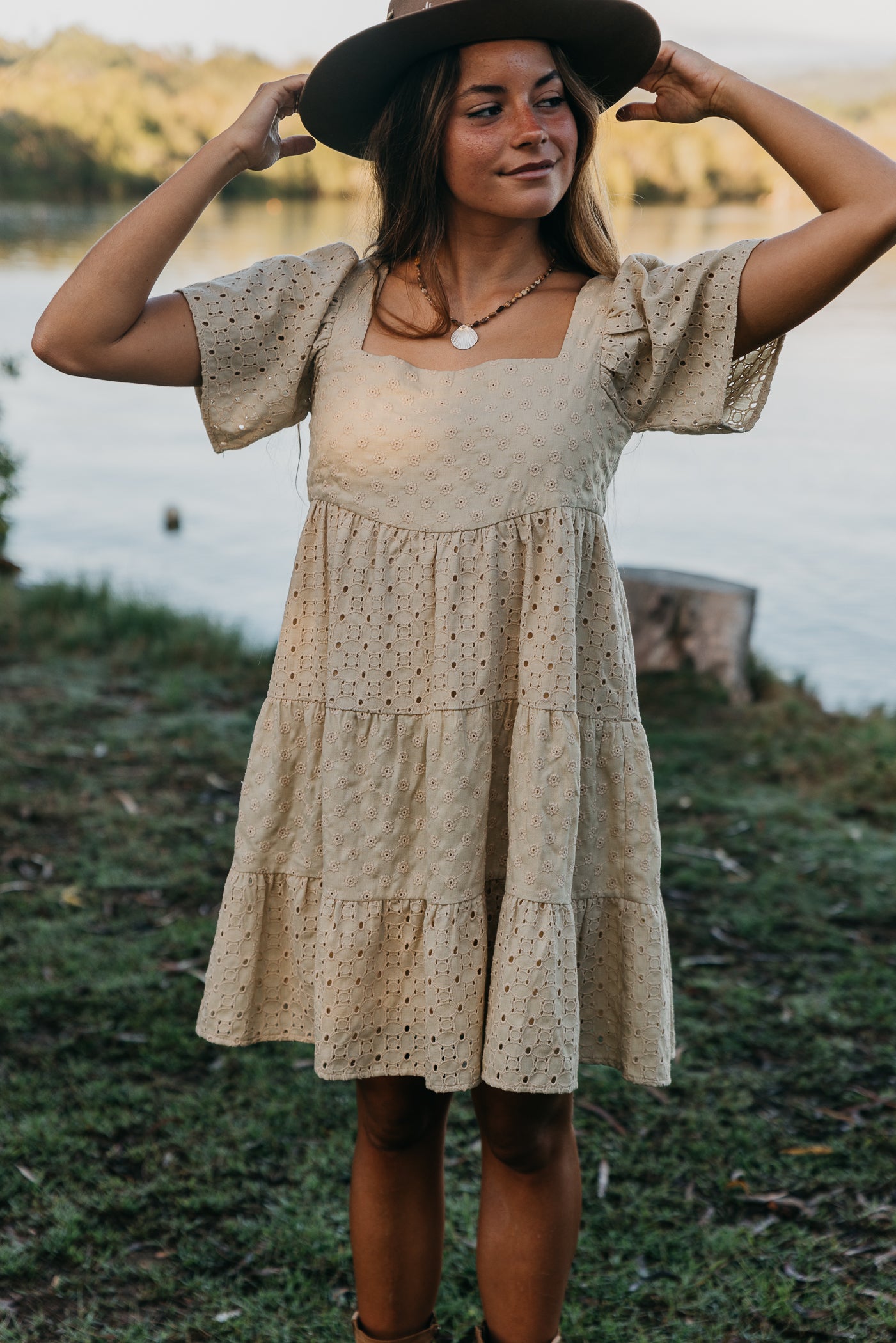 Whisper - Embroidered Short Dress - Beige