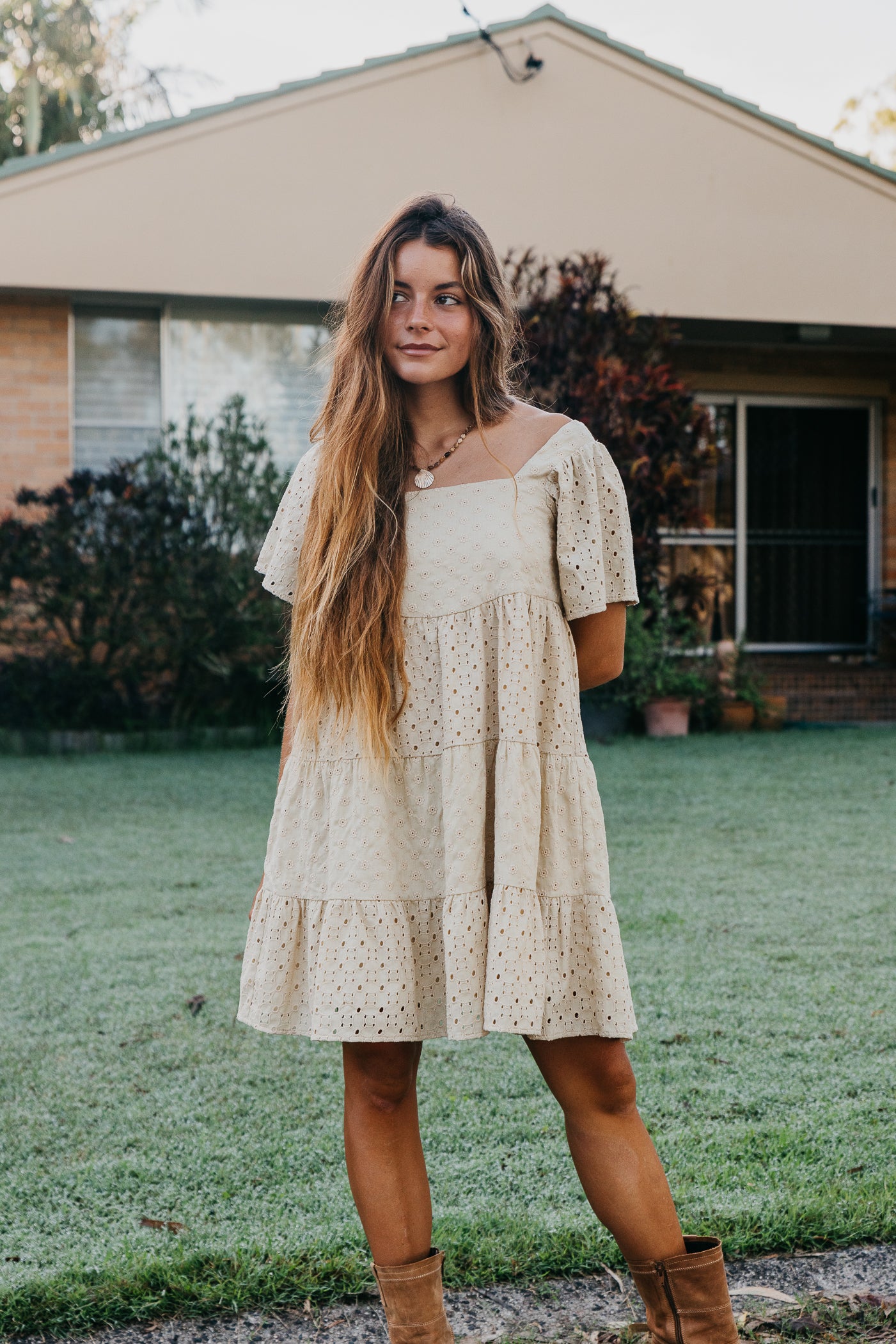 Whisper - Embroidered Short Dress - Beige