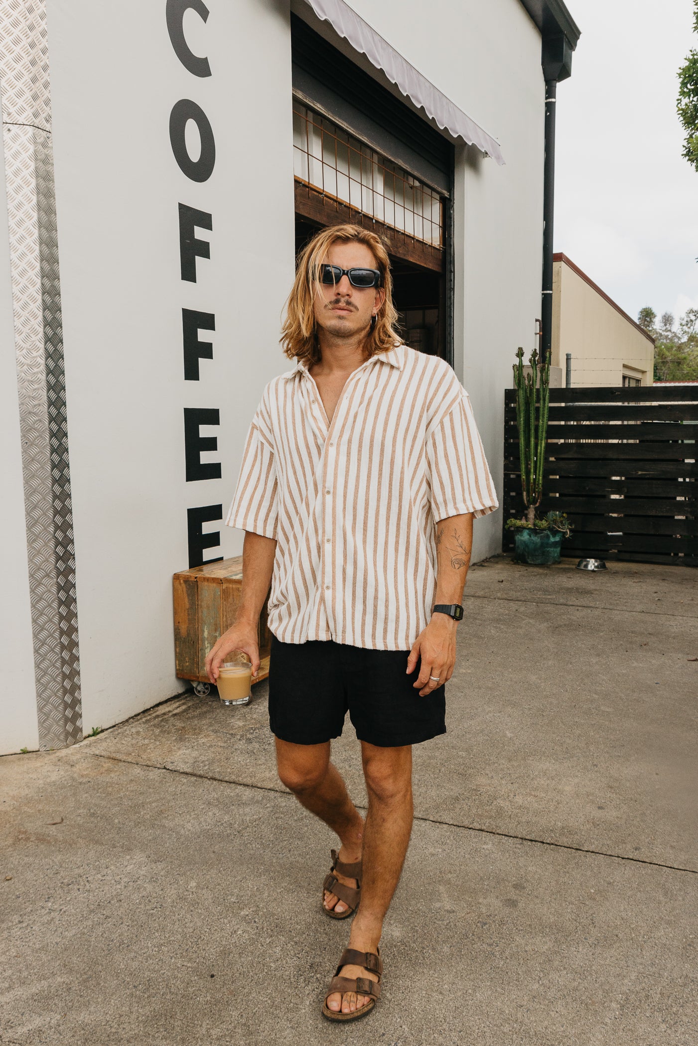 Lane - Stripe Textured Short Sleeve Shirt - Brown