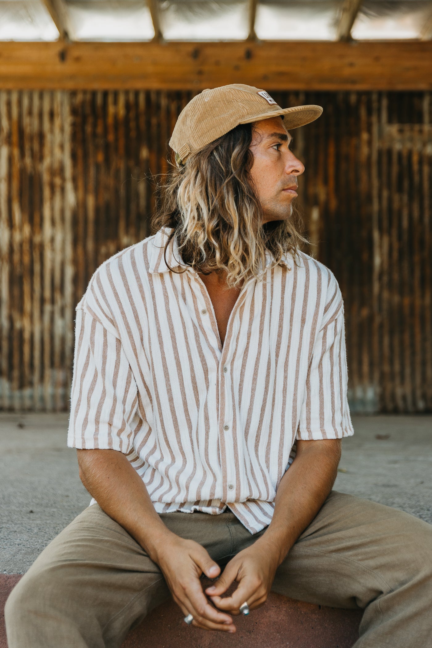 Lane - Stripe Textured Short Sleeve Shirt - Brown