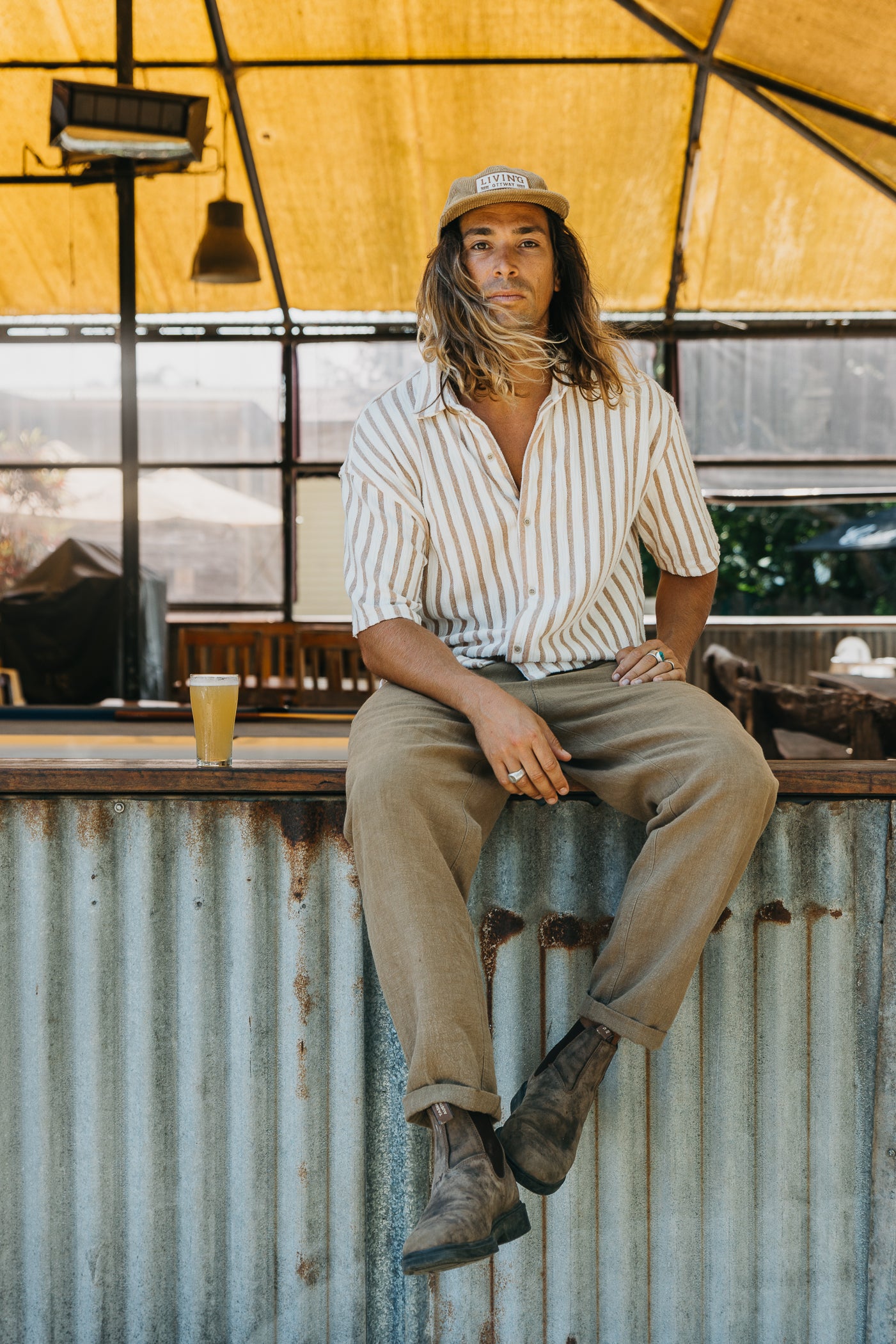 Lane - Stripe Textured Short Sleeve Shirt - Brown