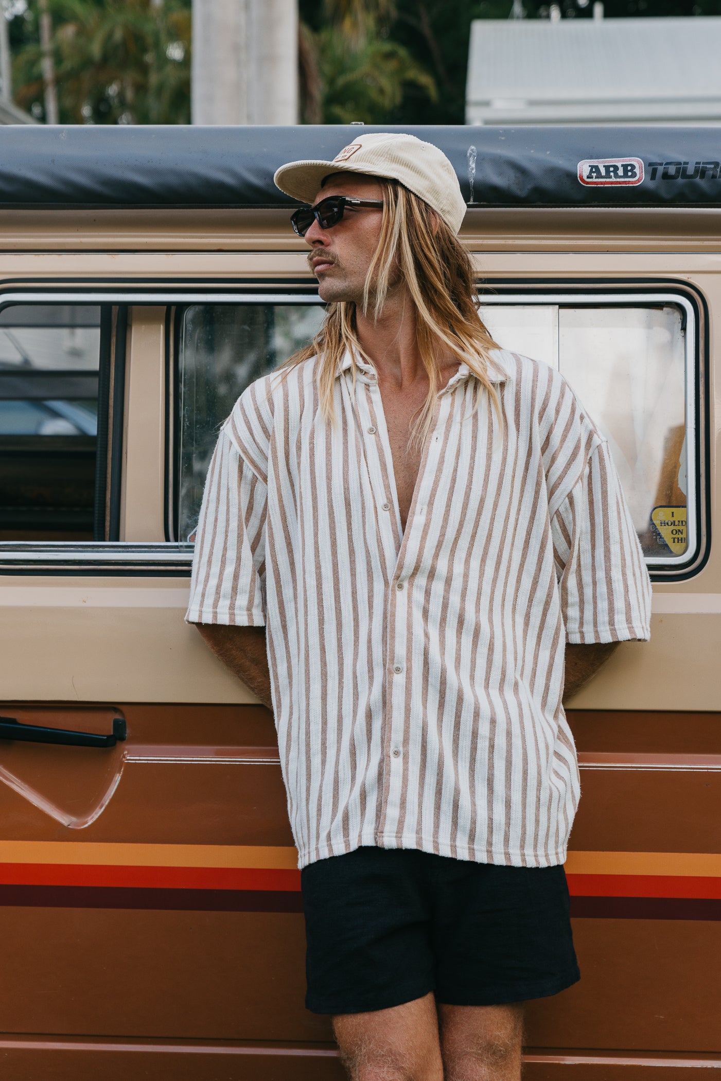 Lane - Stripe Textured Short Sleeve Shirt - Brown