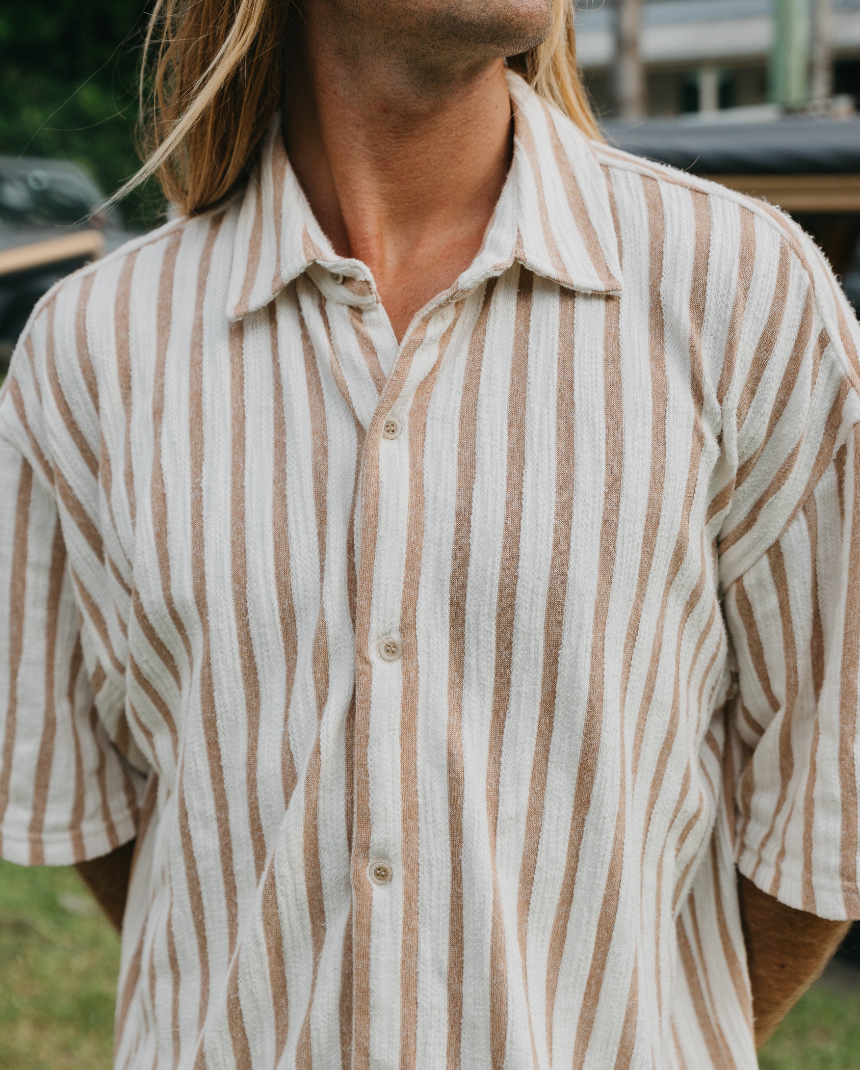 Lane - Stripe Textured Short Sleeve Shirt - Brown