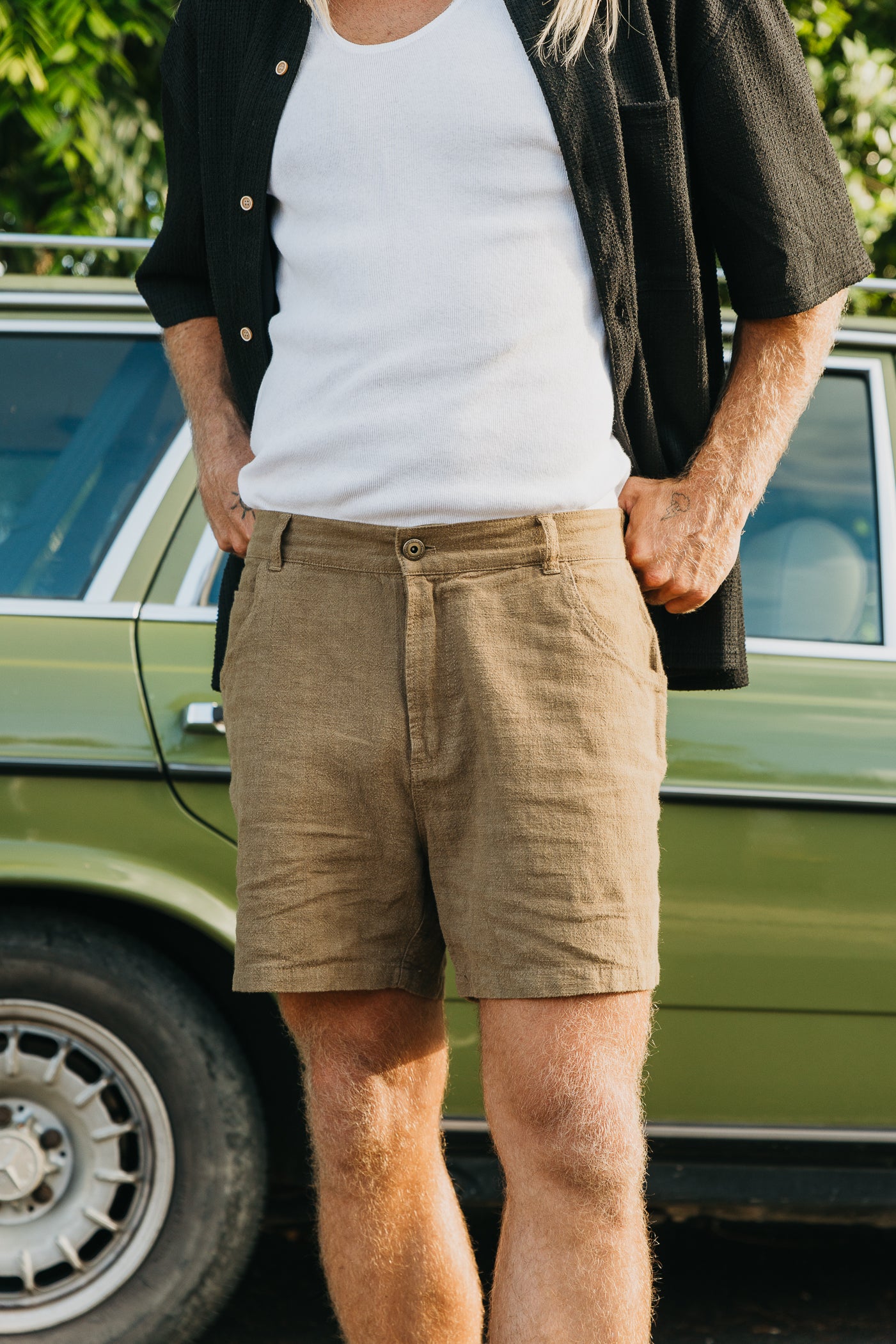 Miller Shorts- Textured Linen Shorts - Khaki Green