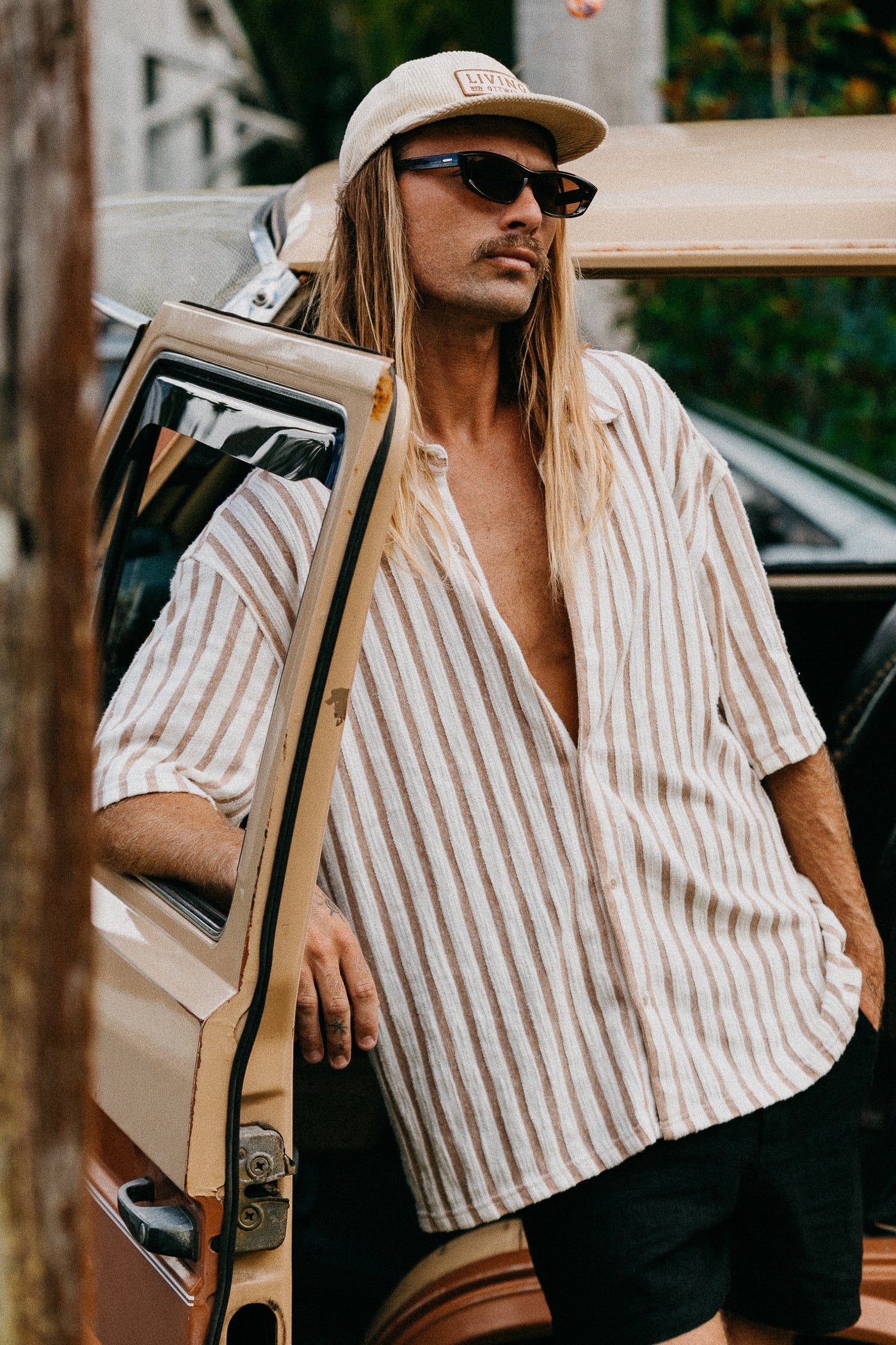 Lane - Stripe Textured Short Sleeve Shirt - Brown