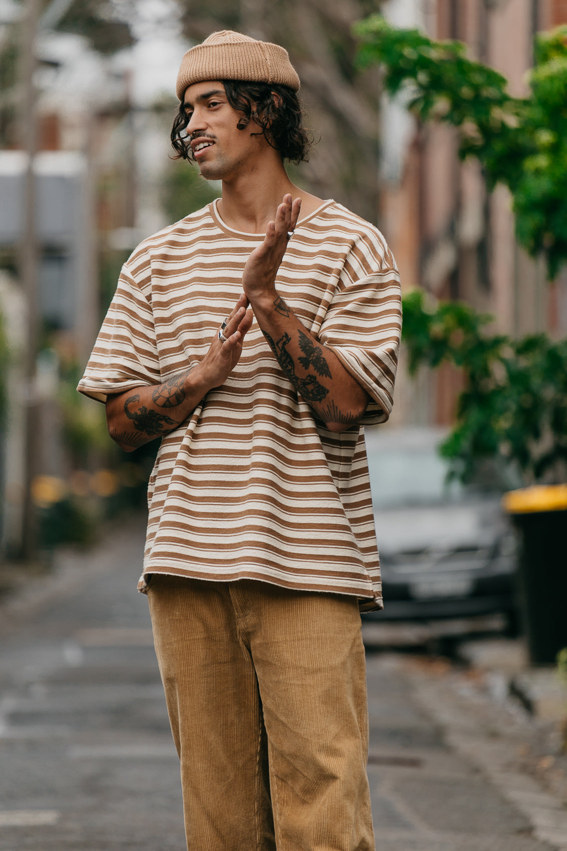 Striped Textured T-shirt - Brown and Cream