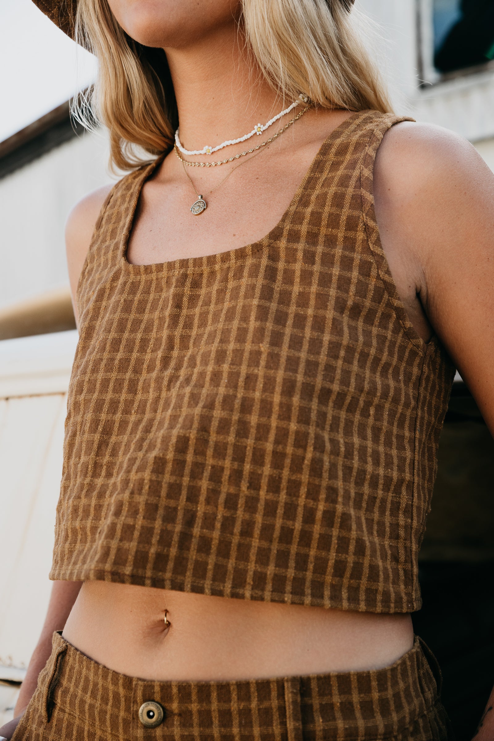 Kora - Brown Checked Crop Top